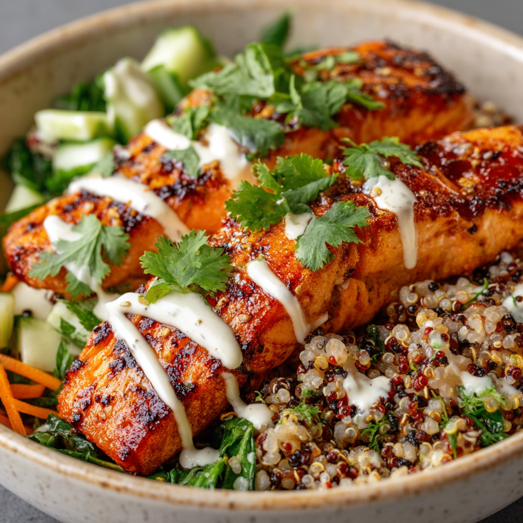 Honey Harissa Salmon Quinoa Bowls