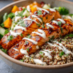 Honey Harissa Salmon Quinoa Bowls