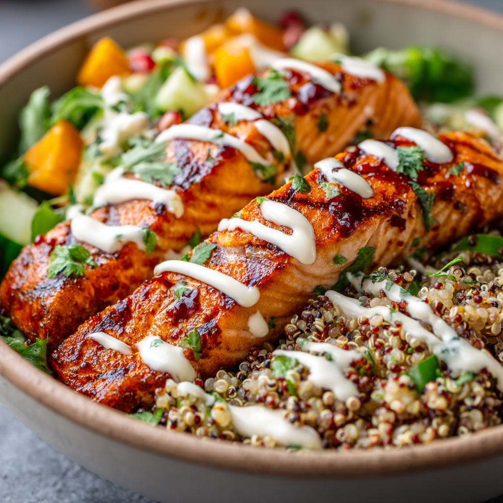 Honey Harissa Salmon Quinoa Bowls