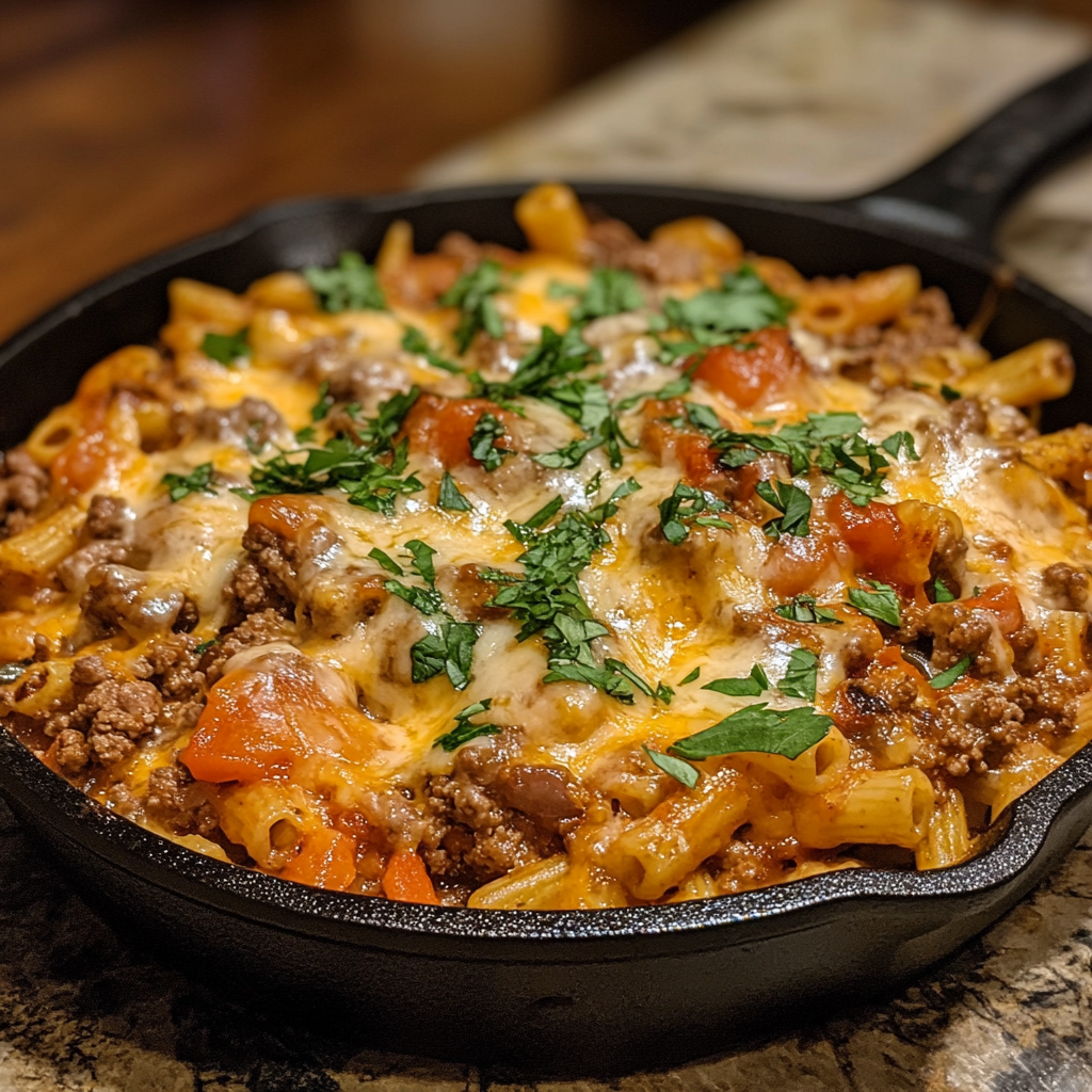 Cheesy Ground Beef Pasta Skillet