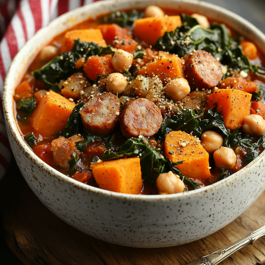 Smokey Sausage, Kale & Sweet Potato Soup