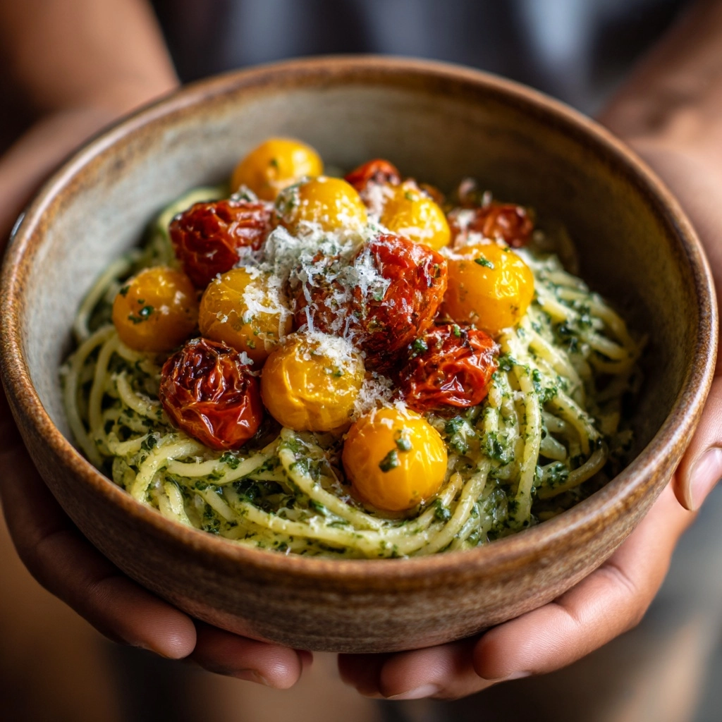 Burst Tomato and Zucchini Spaghetti with Avocado Sauce Recipe - Recipe Image