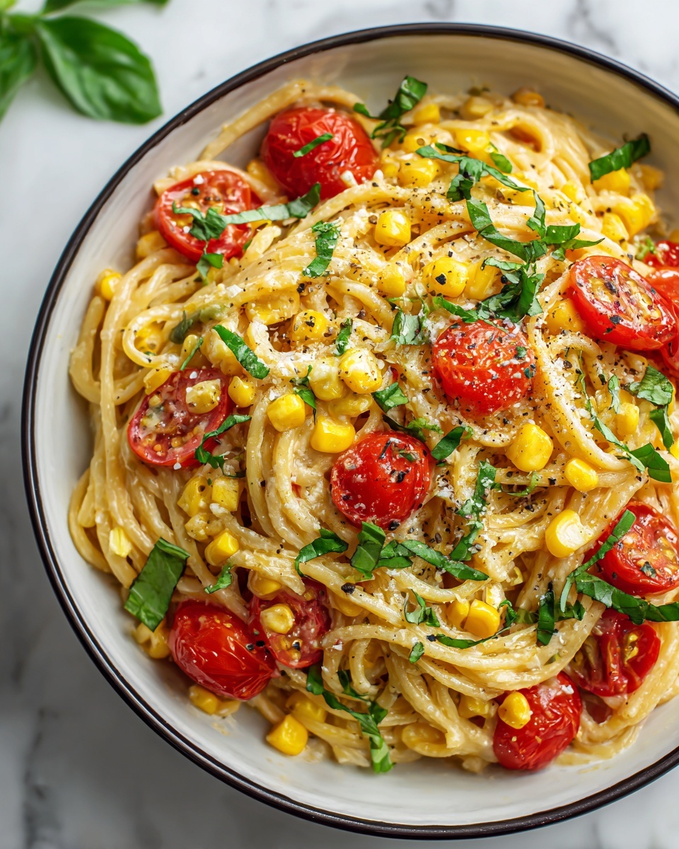 Pasta with Cherry Tomatoes, Roasted Red Peppers, and Corn Recipe - Recipe Image