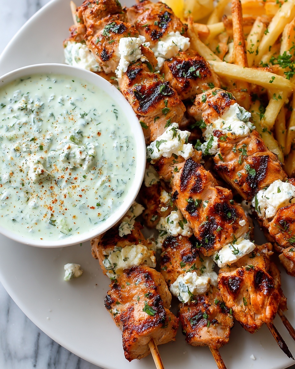 Greek Chicken Skewers with Feta Fries Recipe - Recipe Image