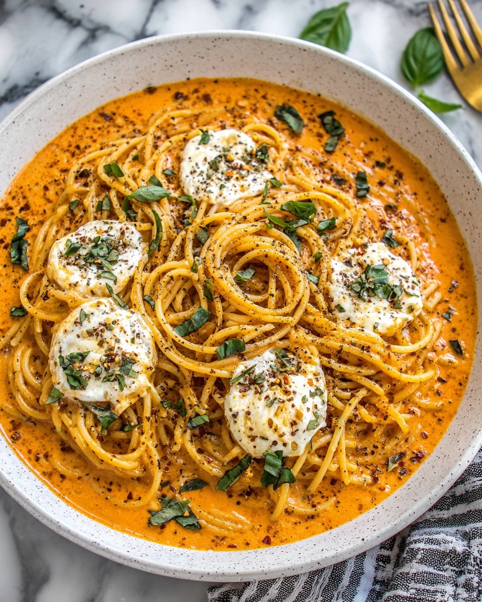 Creamy Red Pepper Pasta with Burrata & Herbs Recipe - Recipe Image