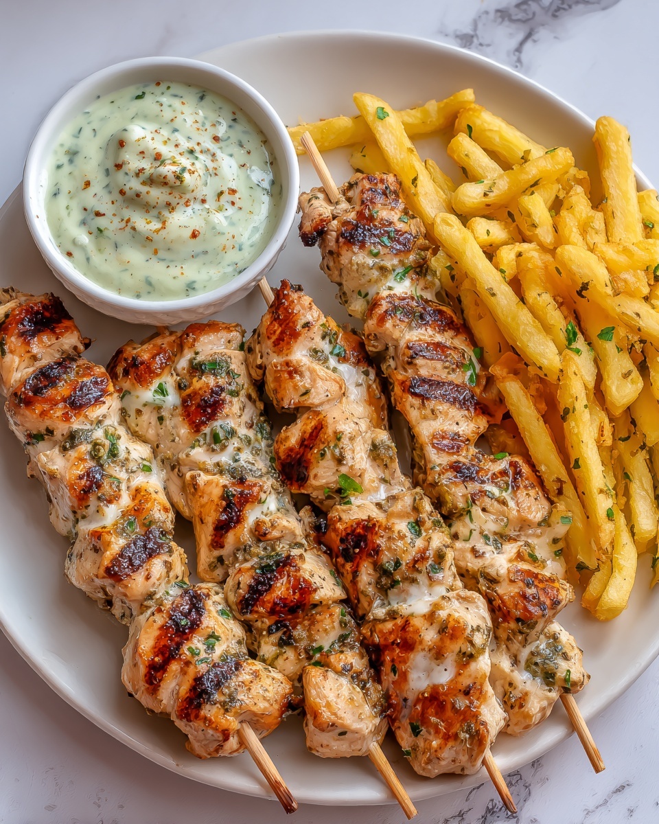 Greek Chicken Skewers with Feta Fries Recipe - Recipe Image