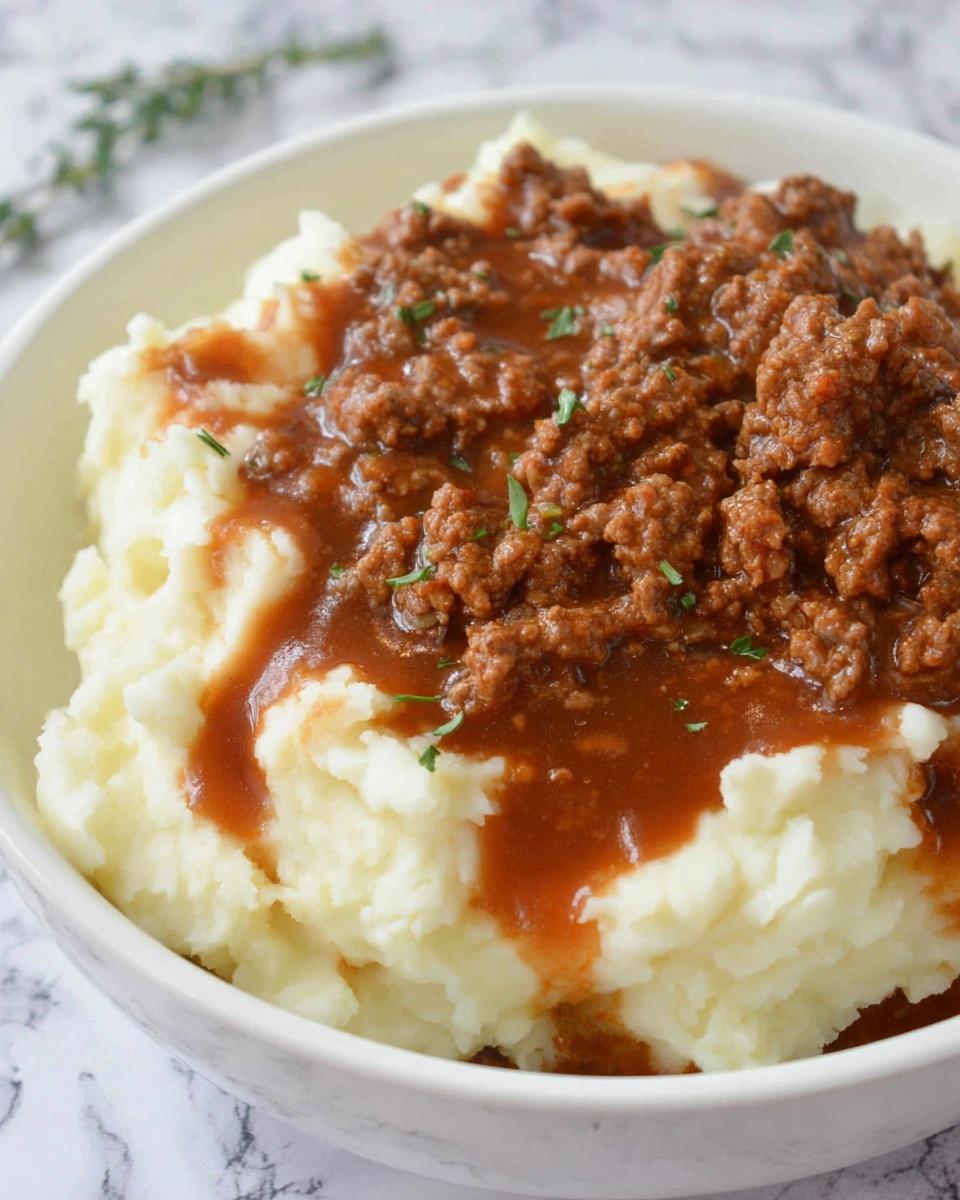 Ground Beef and Gravy Over Mashed Potatoes Recipe - Recipe Image