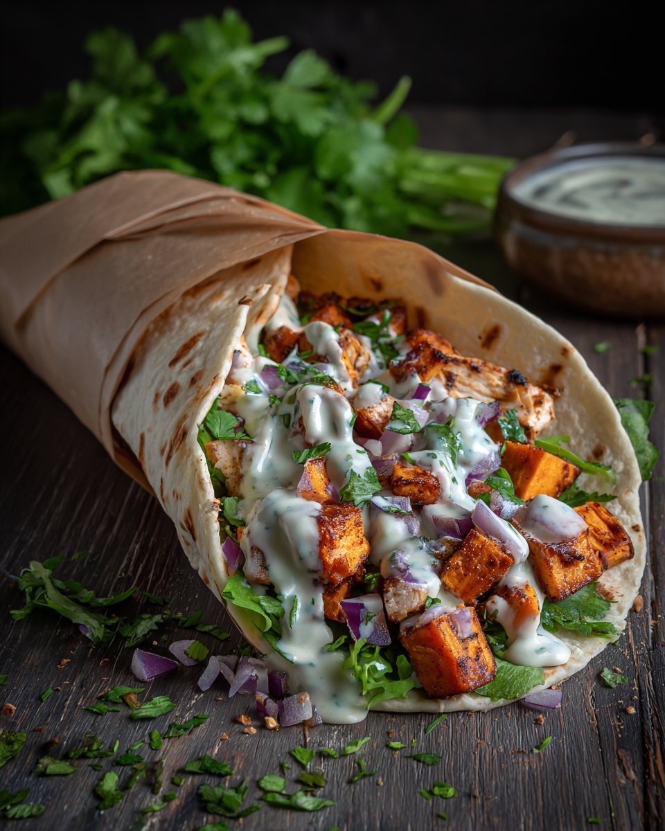 Curry Chicken Gyro with Roasted Sweet Potatoes and Tahini Sauce Recipe - Recipe Image