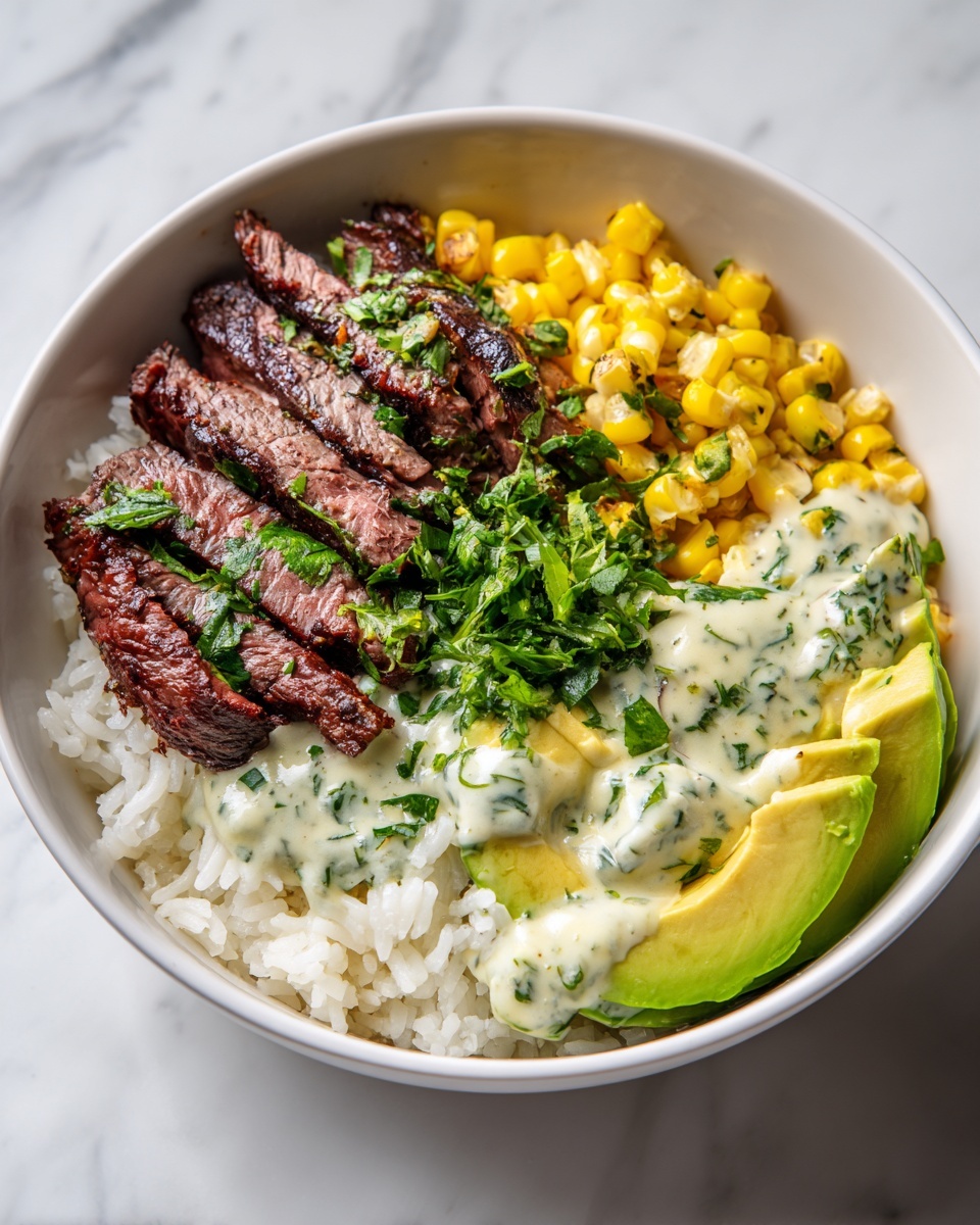 Steak, Avocado, and Roasted Corn Bowl with Cilantro Cream Sauce Recipe - Recipe Image