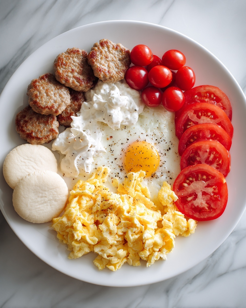 Breakfast Feast with Scrambled Eggs, Sausage Patties, Biscuits, and Tomatoes! Recipe - Recipe Image