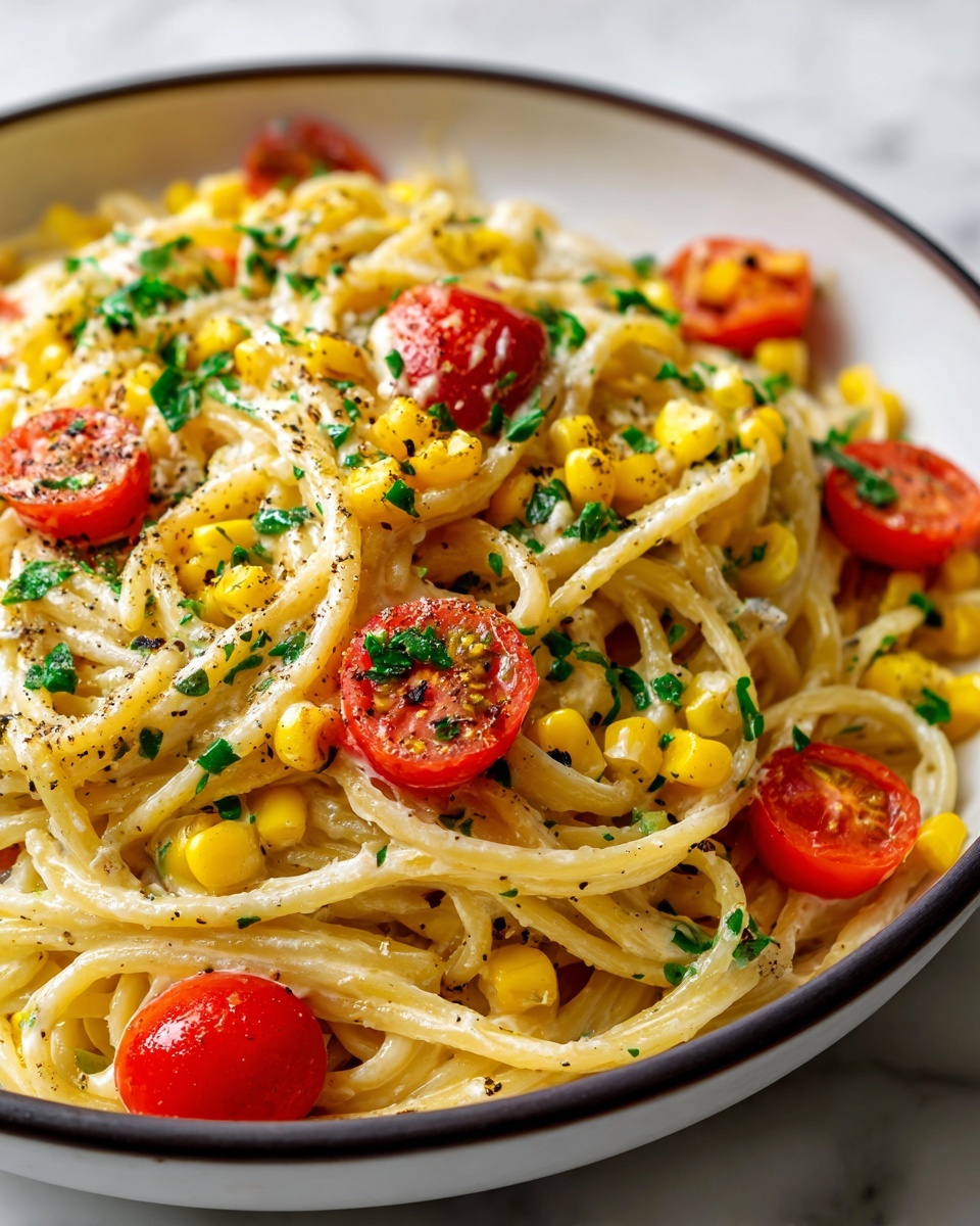 Pasta with Cherry Tomatoes, Roasted Red Peppers, and Corn Recipe - Recipe Image