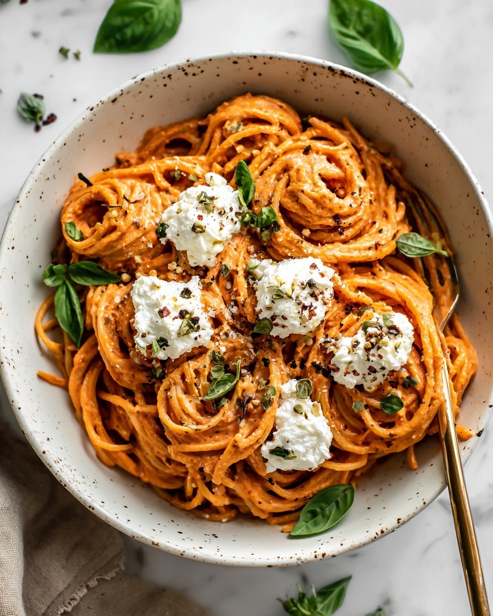 Creamy Red Pepper Pasta with Burrata & Herbs Recipe - Recipe Image