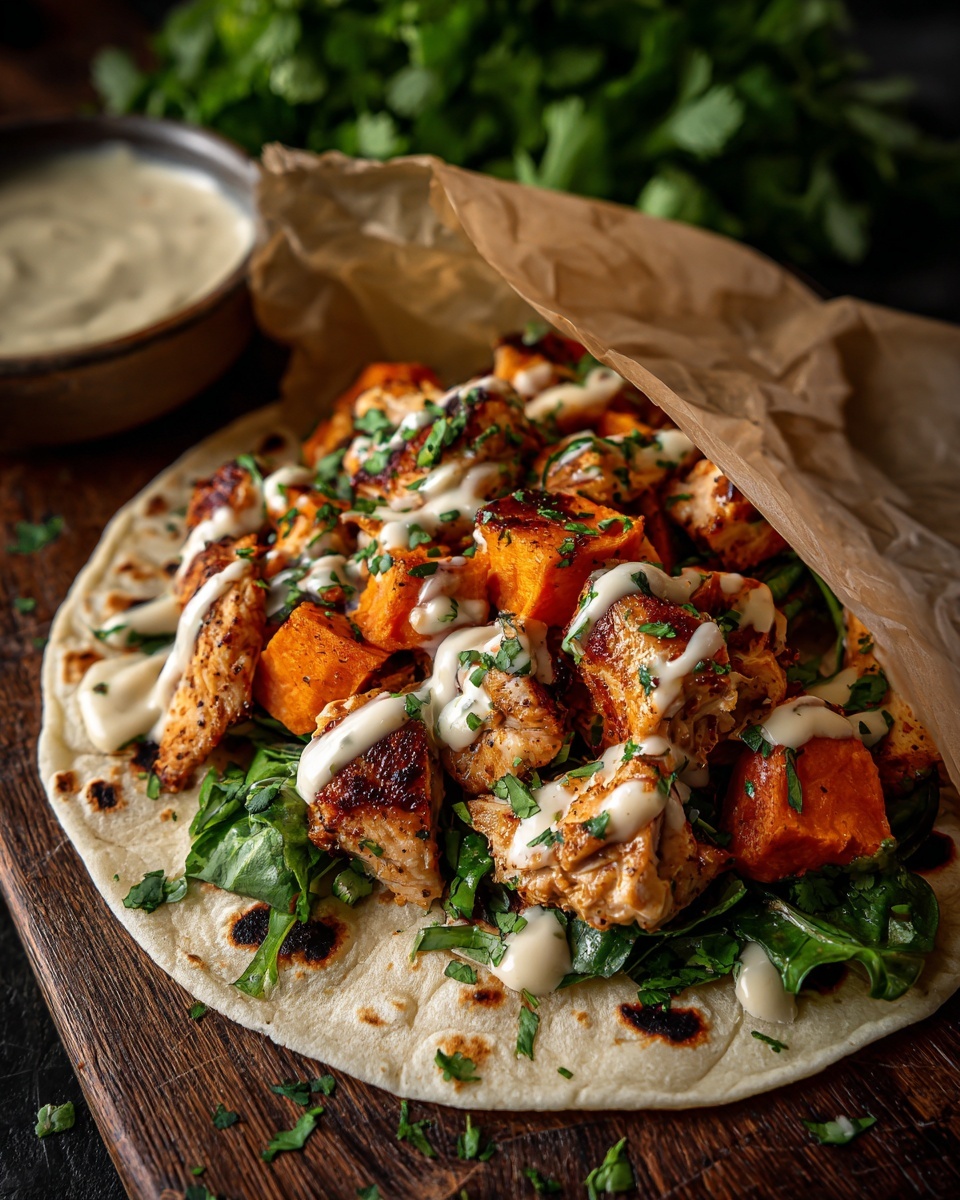 Curry Chicken Gyro with Roasted Sweet Potatoes and Tahini Sauce Recipe - Recipe Image