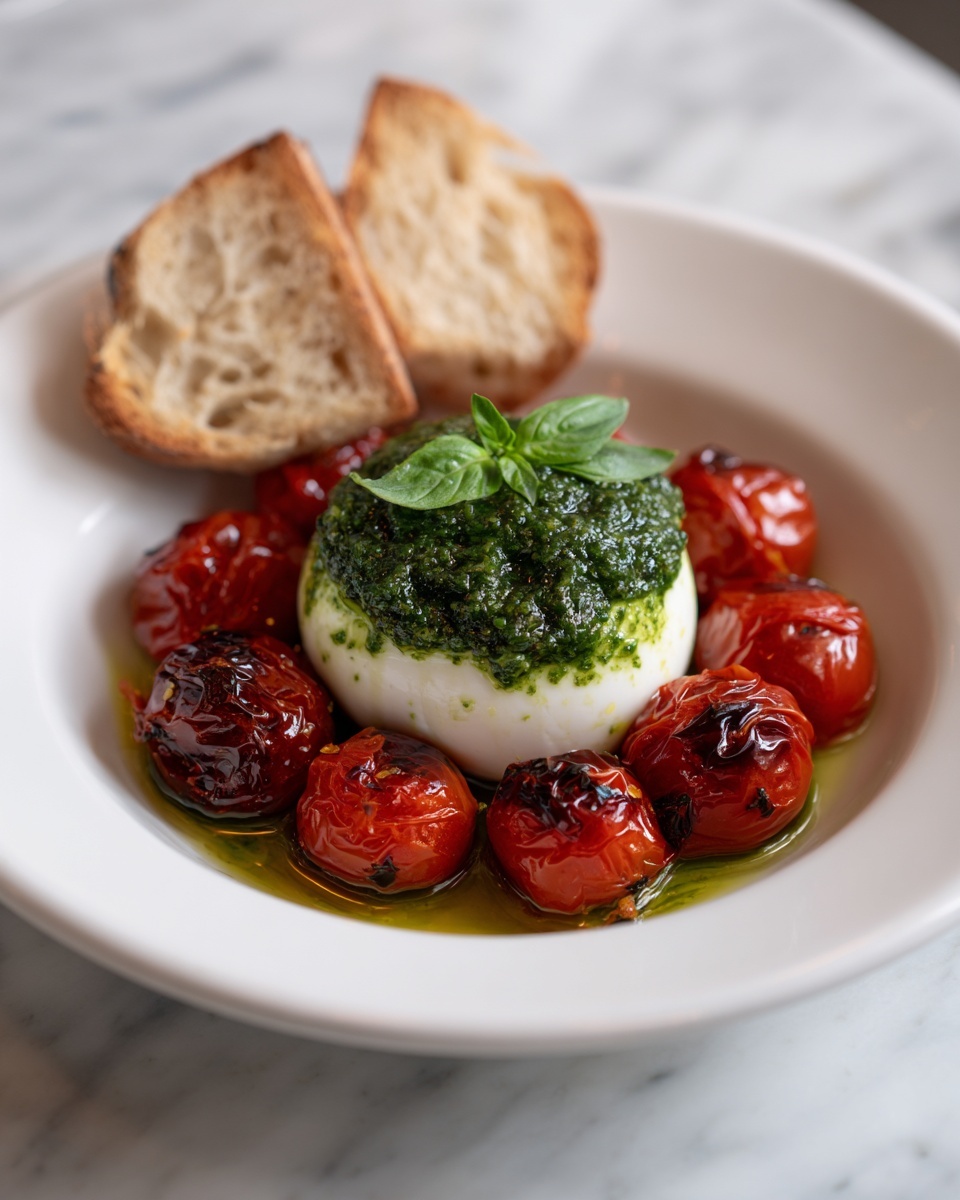 Pesto Burrata Appetizer with Roasted Tomatoes and Balsamic Glaze Recipe - Recipe Image