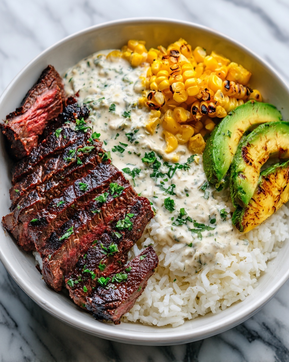 Steak, Avocado, and Roasted Corn Bowl with Cilantro Cream Sauce Recipe - Recipe Image