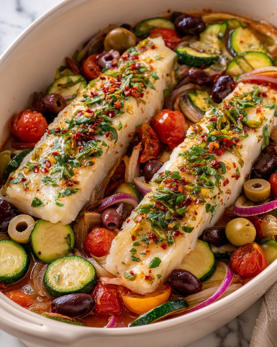 Mediterranean Baked Fish with Cherry Tomatoes, Olives, and Herbs Recipe - Recipe Image