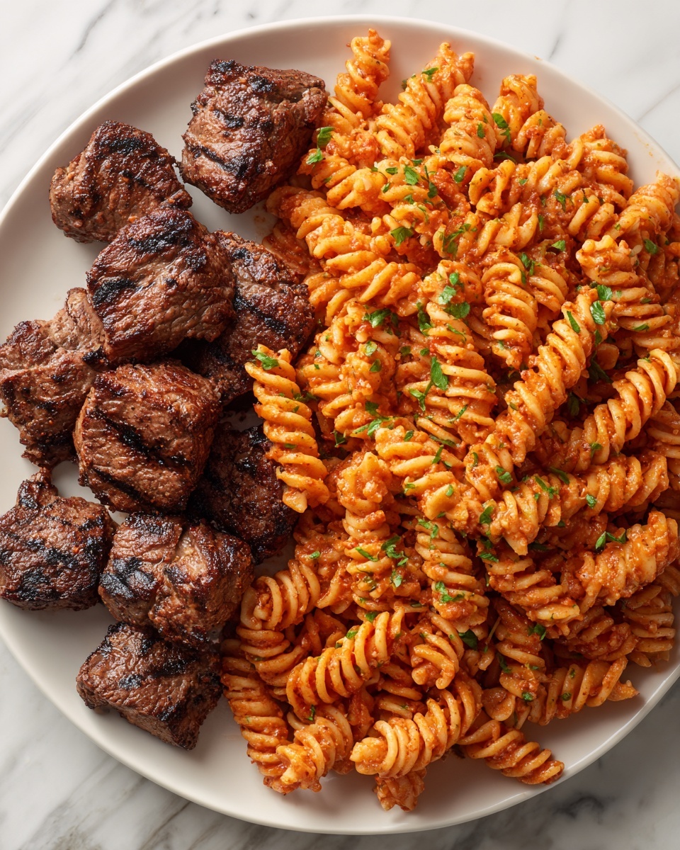 Steak Bites and Rotini in Garlic Parmesan Sauce Recipe - Recipe Image