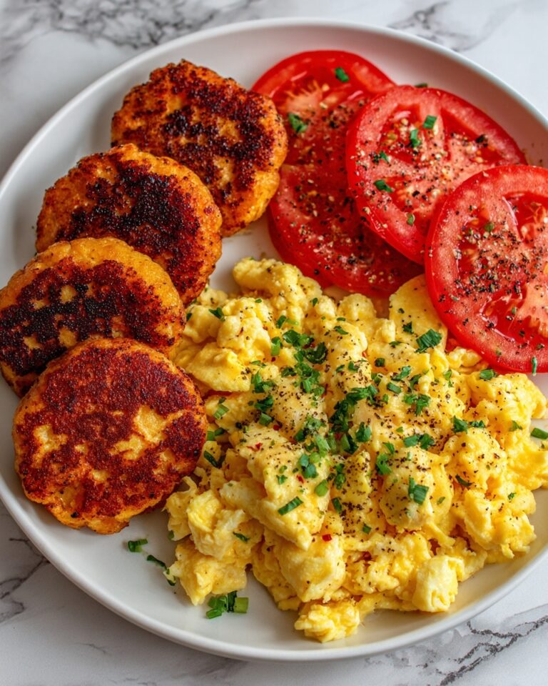 Breakfast Feast with Scrambled Eggs, Sausage Patties, Biscuits, and Tomatoes Recipe