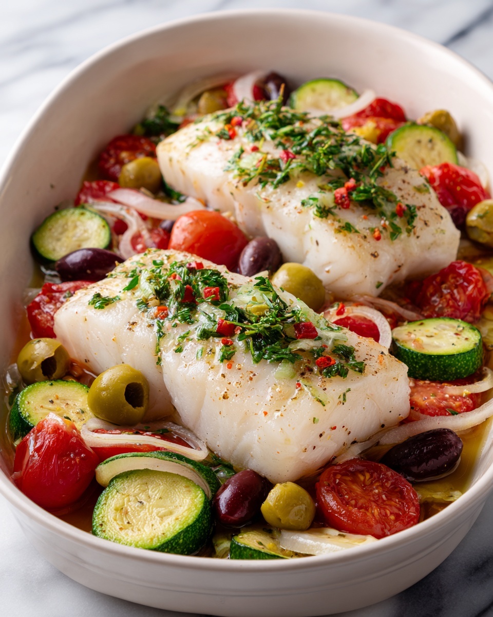 Mediterranean Baked Fish with Cherry Tomatoes, Olives, and Herbs Recipe - Recipe Image